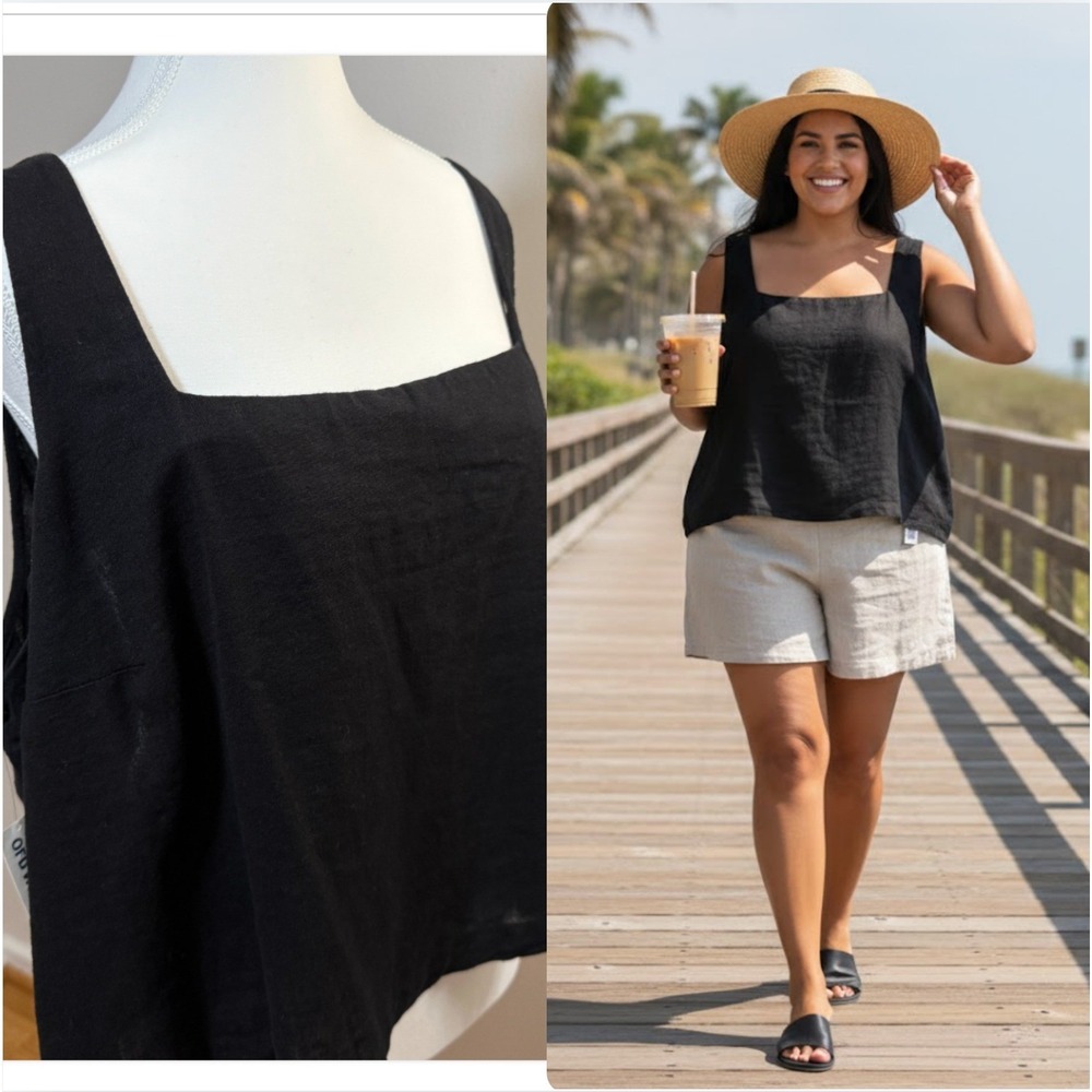 NWT Womens Size 2X Old Navy Black‎ Tank Top linen blend square neck - Picture 11 of 11